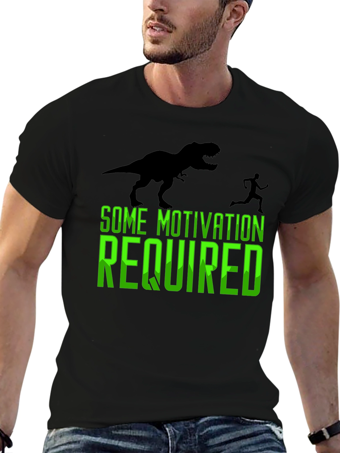 Motivation Required T-Rex Chasing Man Graphic Tee