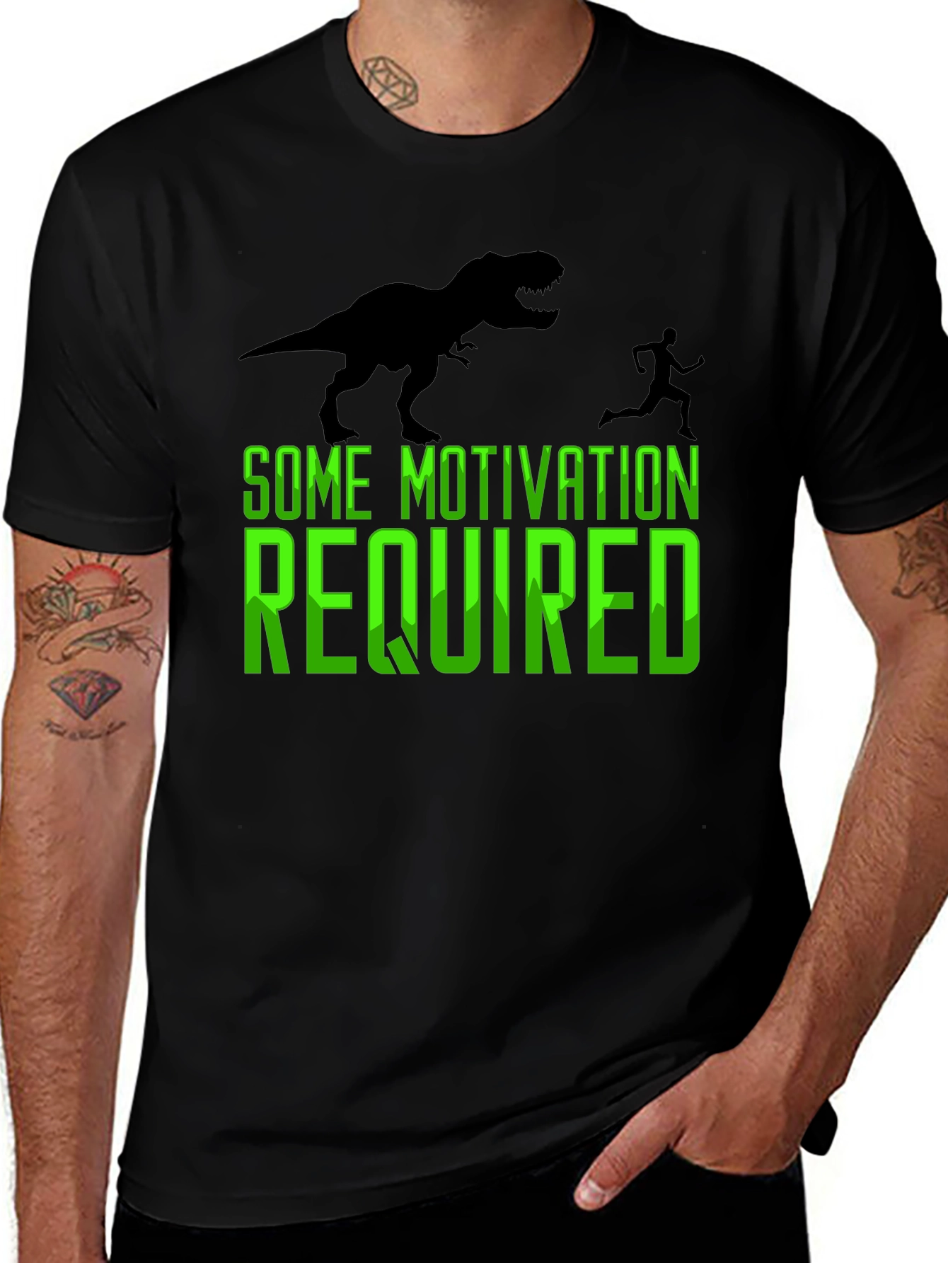 Motivation Required T-Rex Chasing Man Graphic Tee
