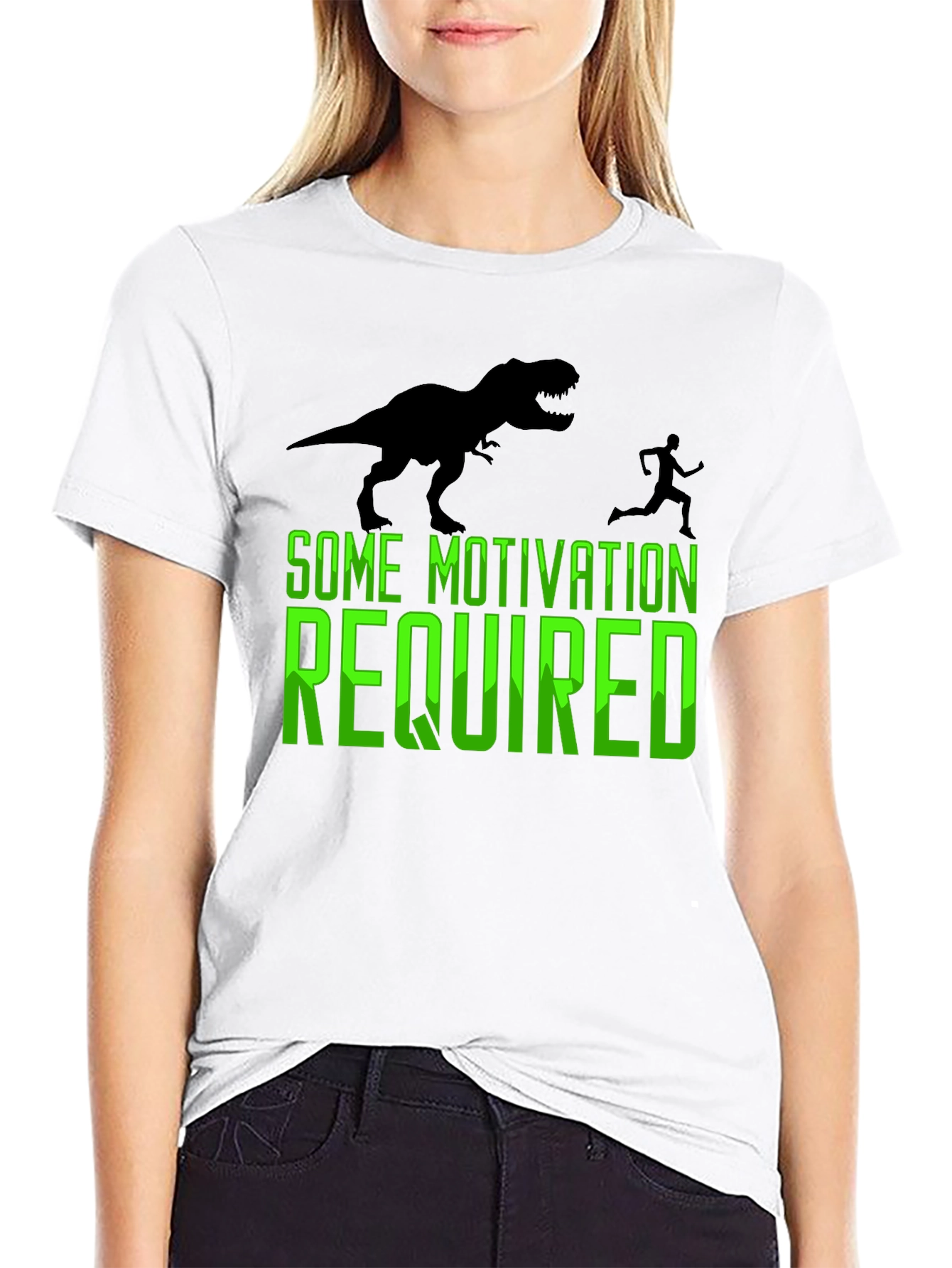 Motivation Required T-Rex Chasing Man Graphic Tee
