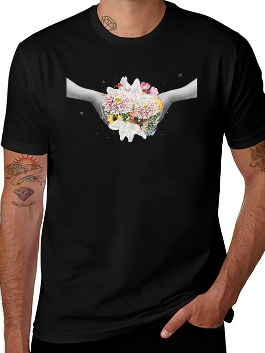 Floral Bouquet Graphic Tee - Soft Black Cotton T-Shirt