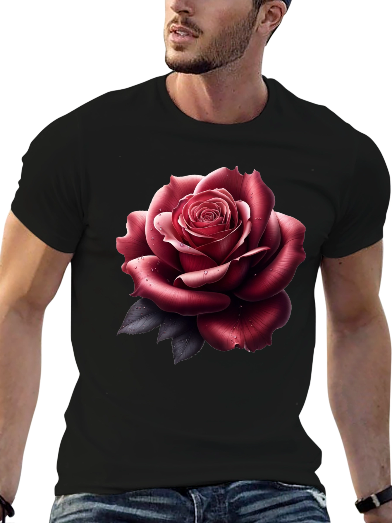 Mens Rose Graphic Tee - Stylish Black T-Shirt