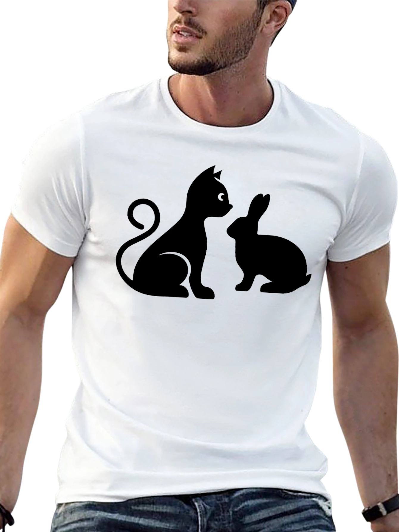 Cat and Rabbit Silhouette Black T-Shirt