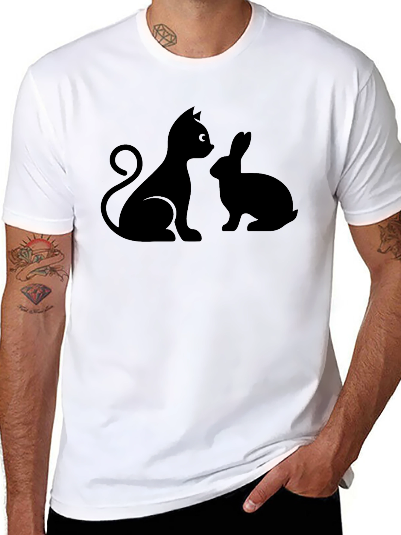 Cat and Rabbit Silhouette Black T-Shirt