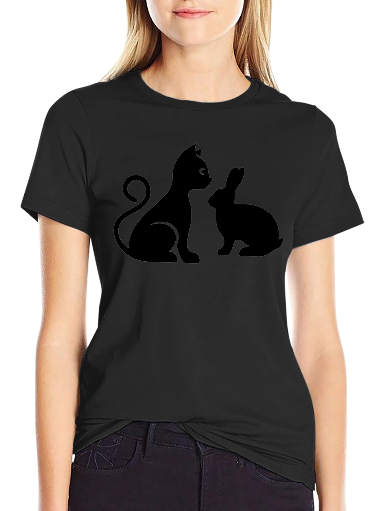 Cat and Rabbit Silhouette Black T-Shirt