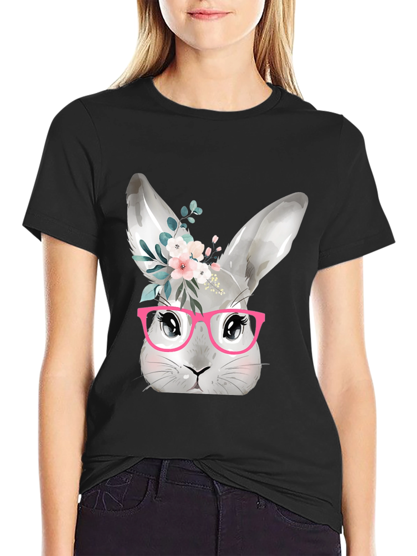 Cute Bunny with Glasses T-Shirt - Black