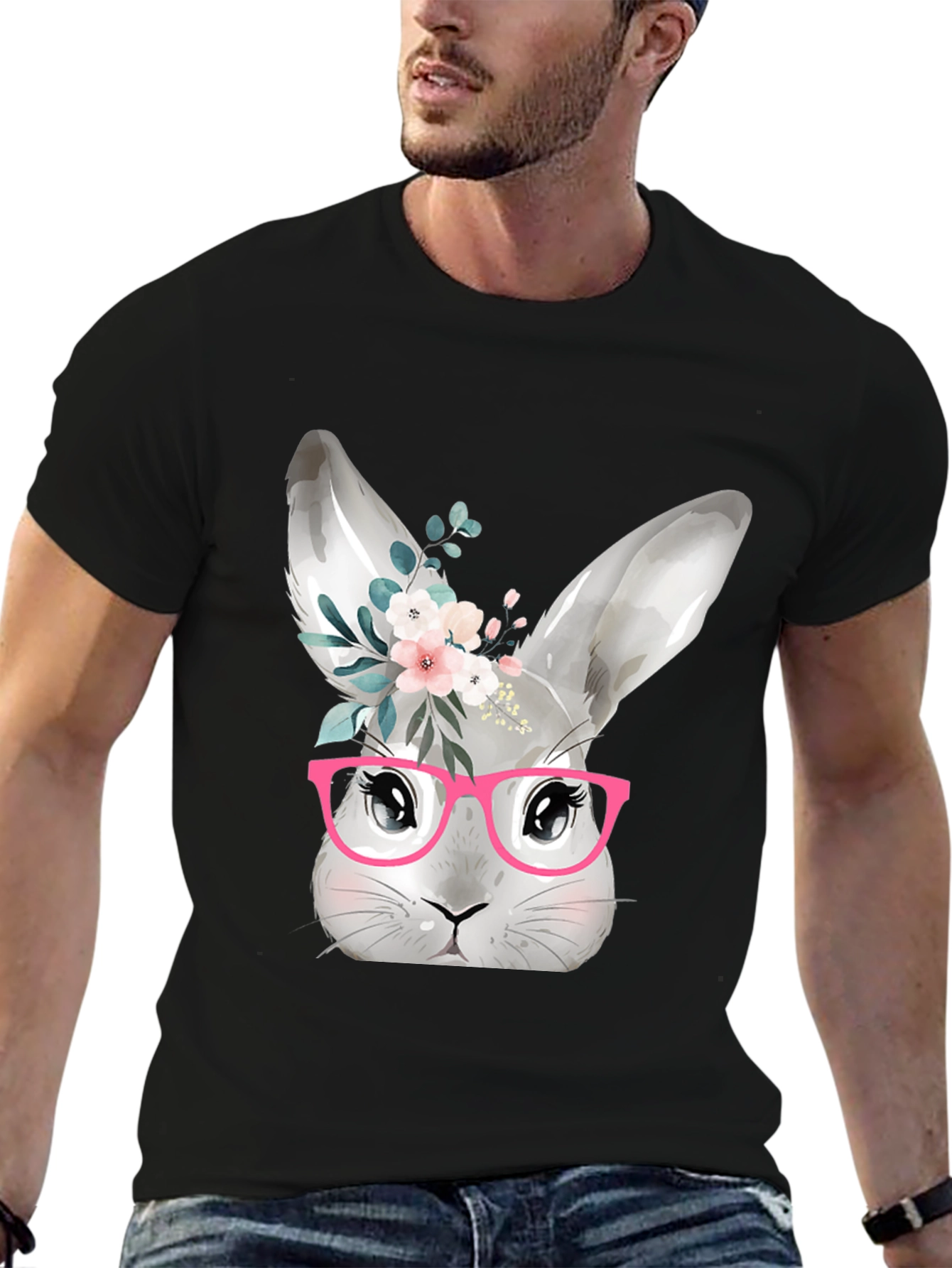 Cute Bunny with Glasses T-Shirt - Black