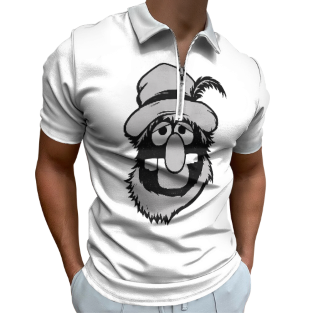 Vintage Cartoon Character Graphic Polo Shirt – Retro Funny Mascot Quarter Zip Casual Streetwear Tee(z768)