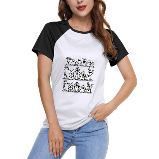 Funny Cartoon Dogs Graphic Raglan Tee, Cute Puppy Line Art Shirt, Minimal Pet Lover T-Shirt, Casual Dog Mom Gift, Black White Sketch Style Tee(z759)