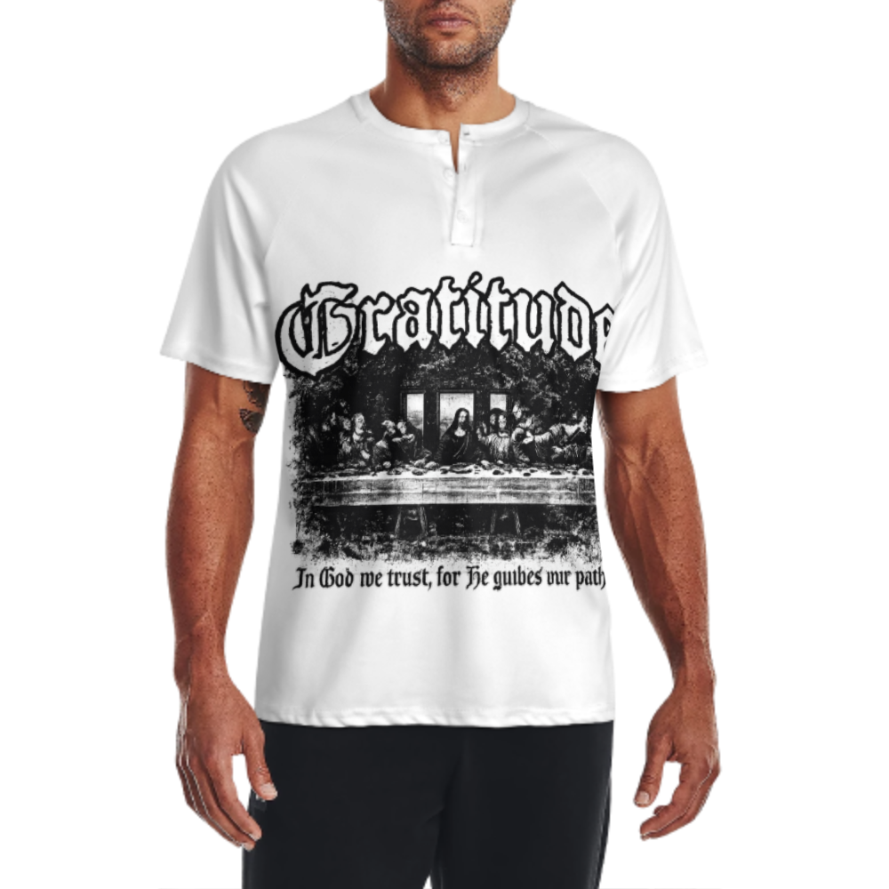 Gratitude Gothic Graphic Tee, Vintage Faith Inspired Streetwear Shirt, Retro Religious Art T-Shirt, Distressed Monochrome Urban Fashion Top(z748)