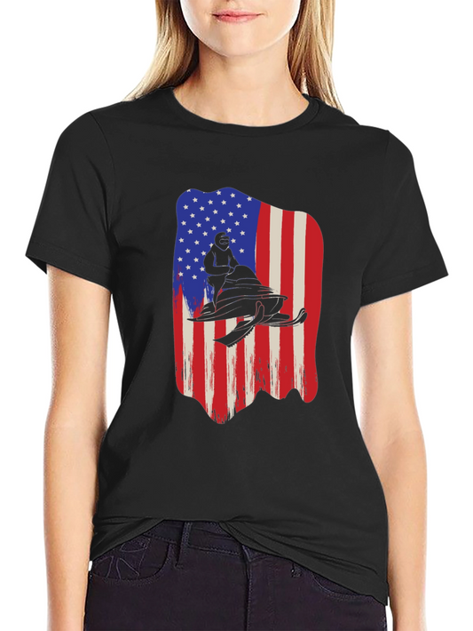 American Flag Snowmobile T-Shirt - Patriotic USA Winter Sport Tee