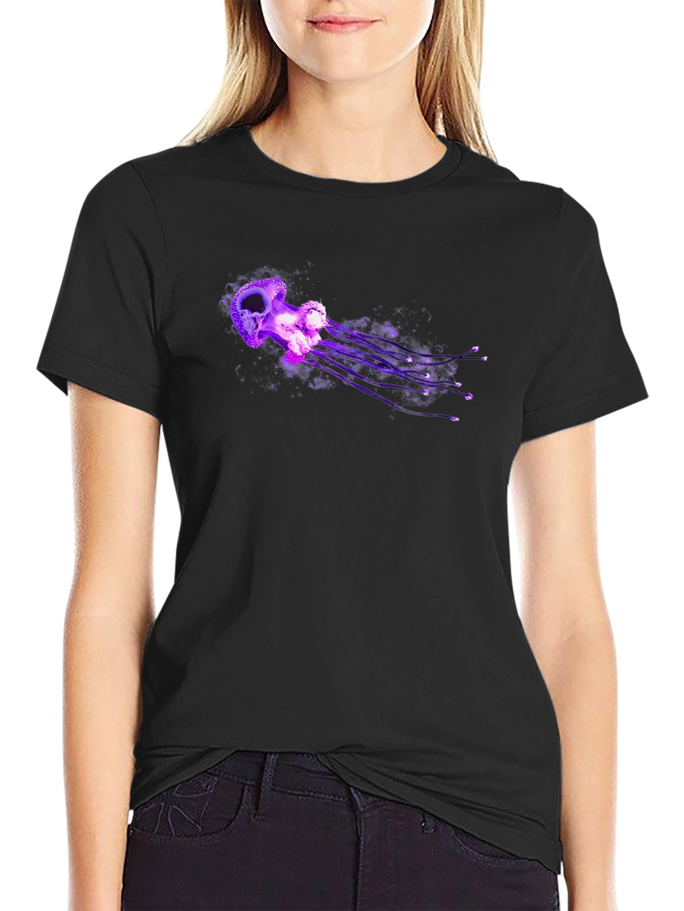 Mens Black T-Shirt with Purple Jellyfish Graphic