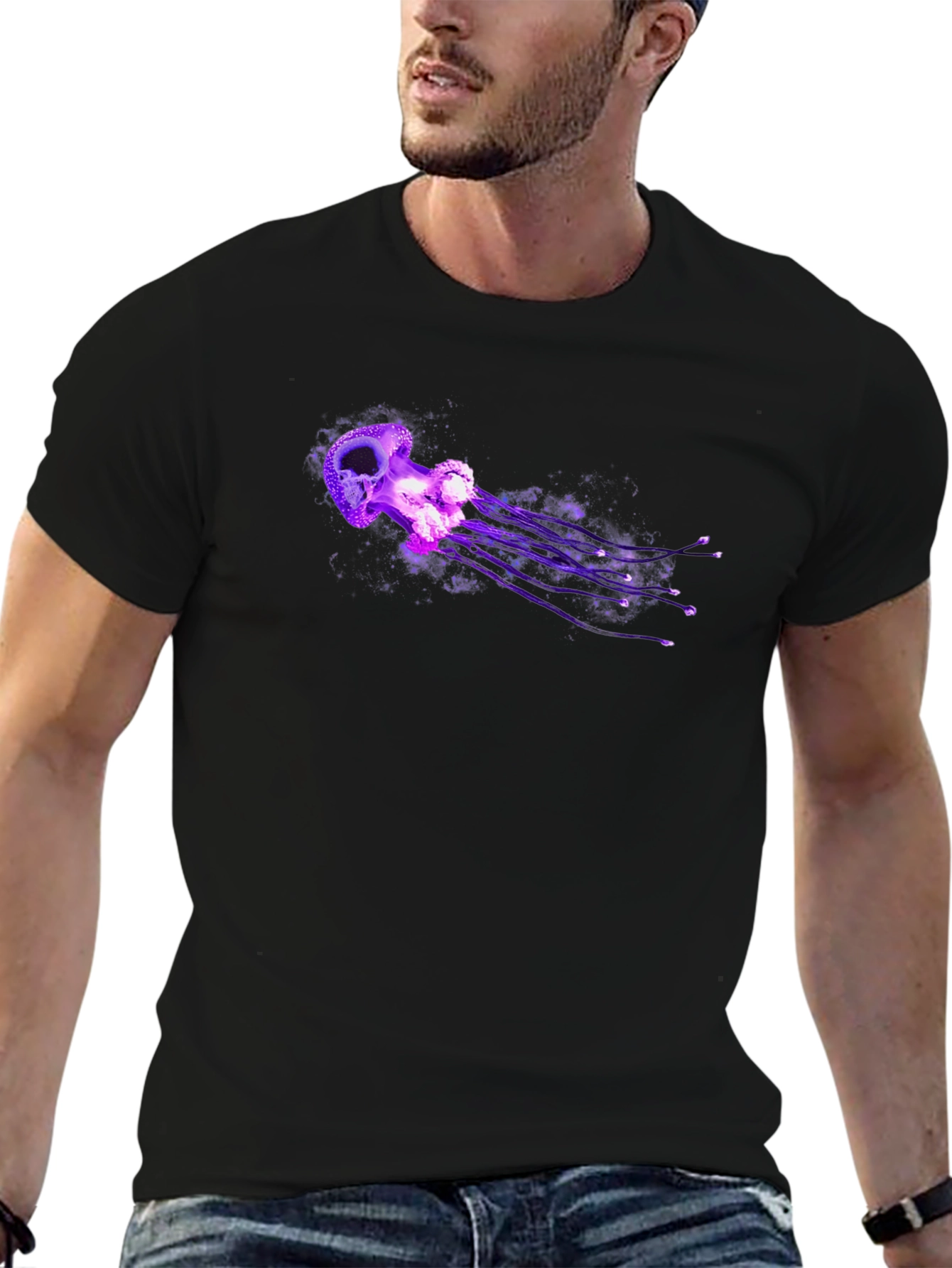Mens Black T-Shirt with Purple Jellyfish Graphic