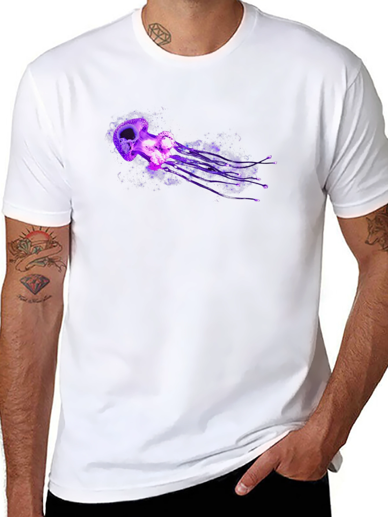 Mens Black T-Shirt with Purple Jellyfish Graphic
