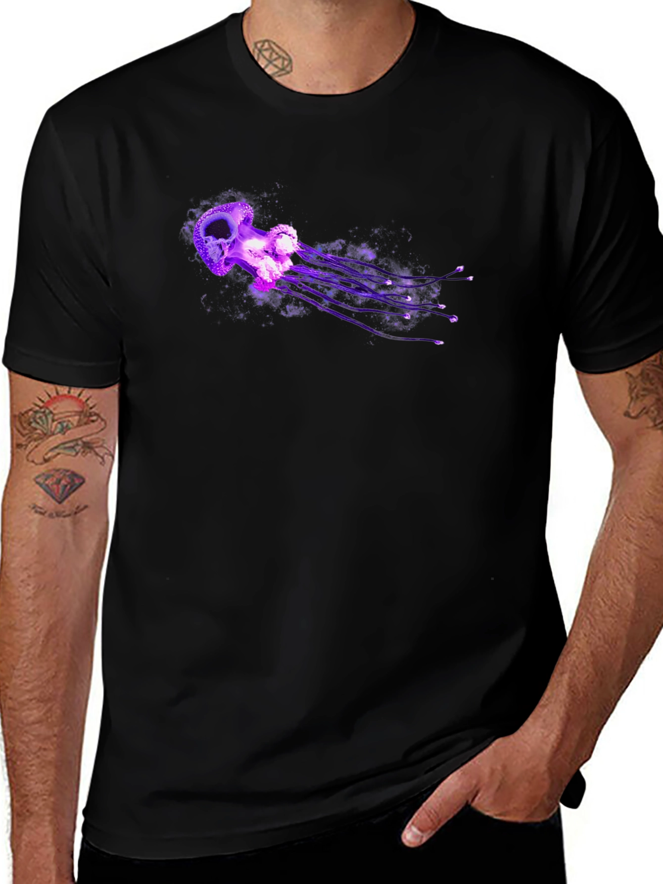 Mens Black T-Shirt with Purple Jellyfish Graphic
