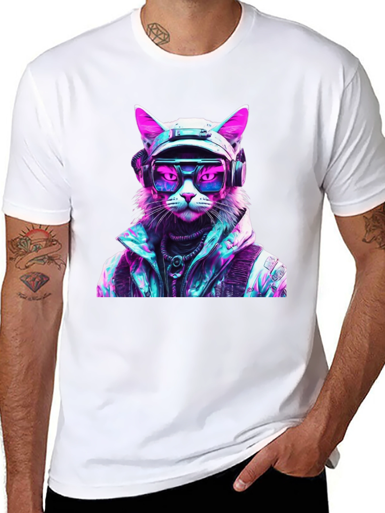 Cyberpunk Cat Graphic T-Shirt - Futuristic Style