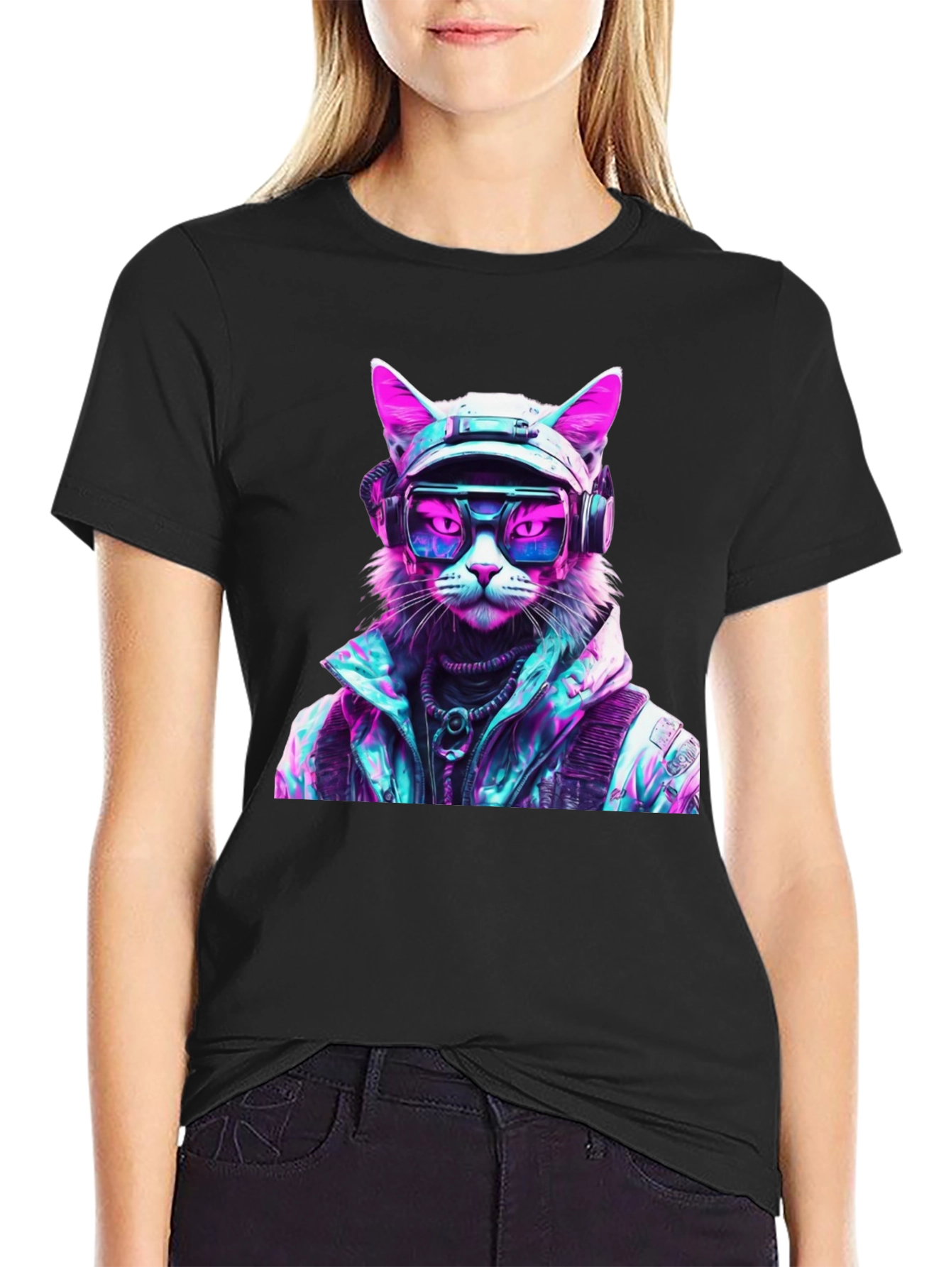 Cyberpunk Cat Graphic T-Shirt - Futuristic Style