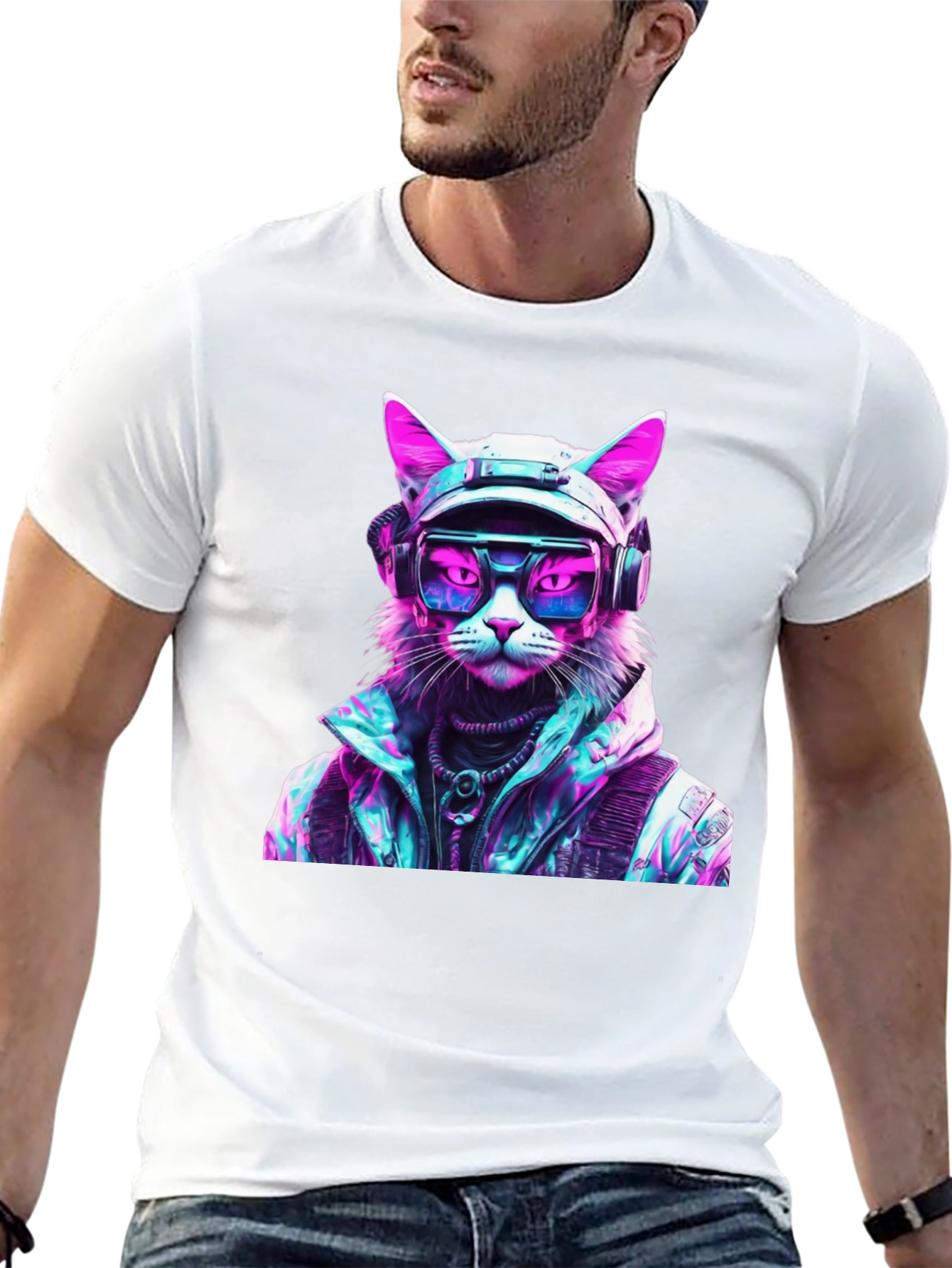 Cyberpunk Cat Graphic T-Shirt - Futuristic Style