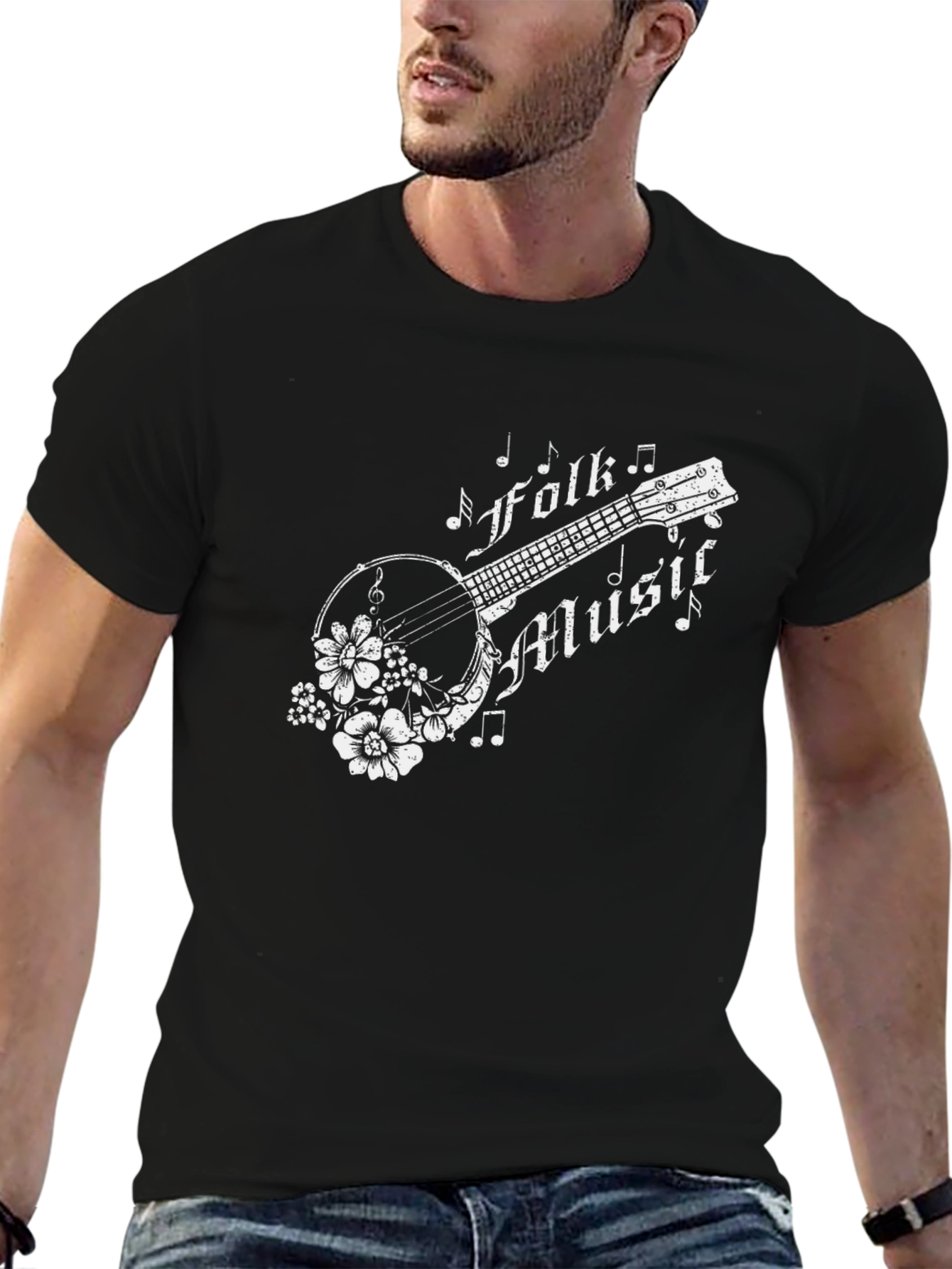 Folk Music Banjo Graphic T-Shirt - Black