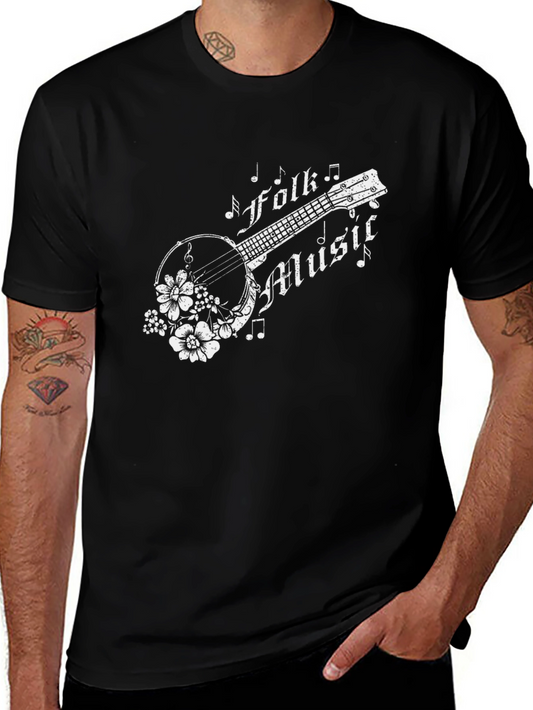 Folk Music Banjo Graphic T-Shirt - Black