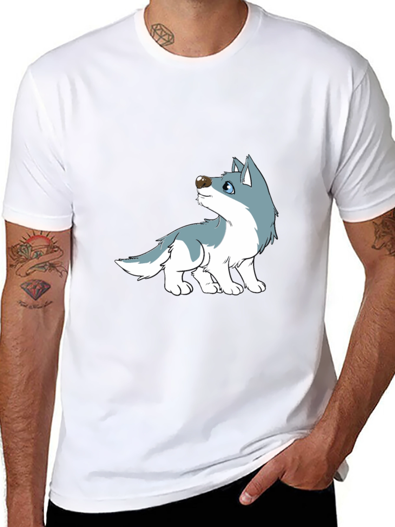 Cartoon Wolf Graphic Tee - Black Cotton Casual T-Shirt