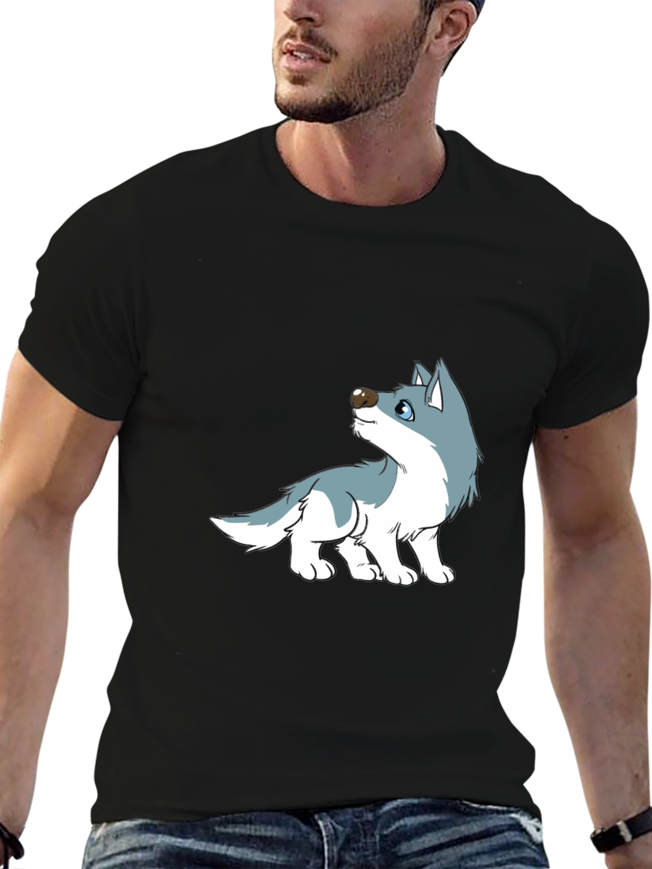 Cartoon Wolf Graphic Tee - Black Cotton Casual T-Shirt