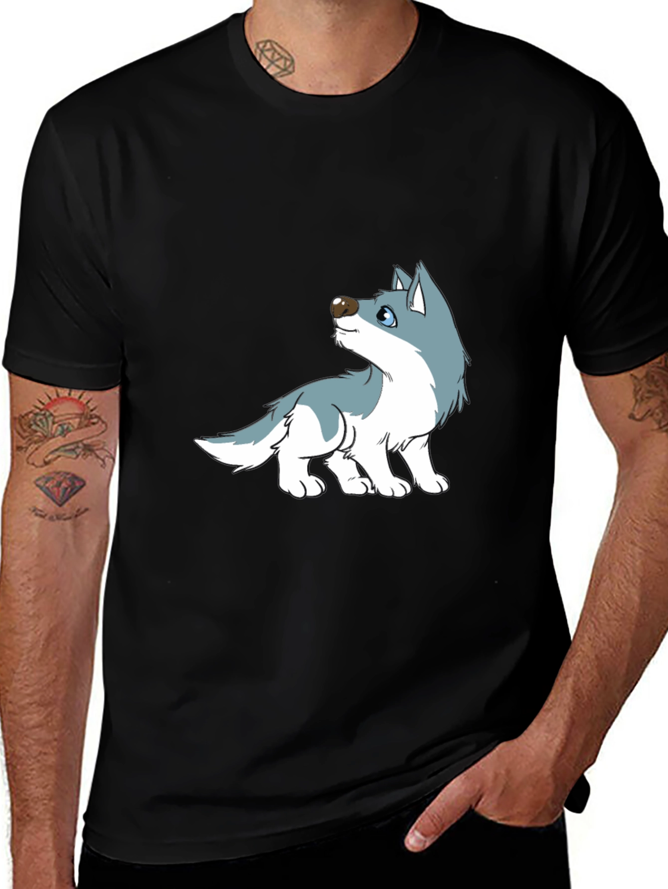 Cartoon Wolf Graphic Tee - Black Cotton Casual T-Shirt