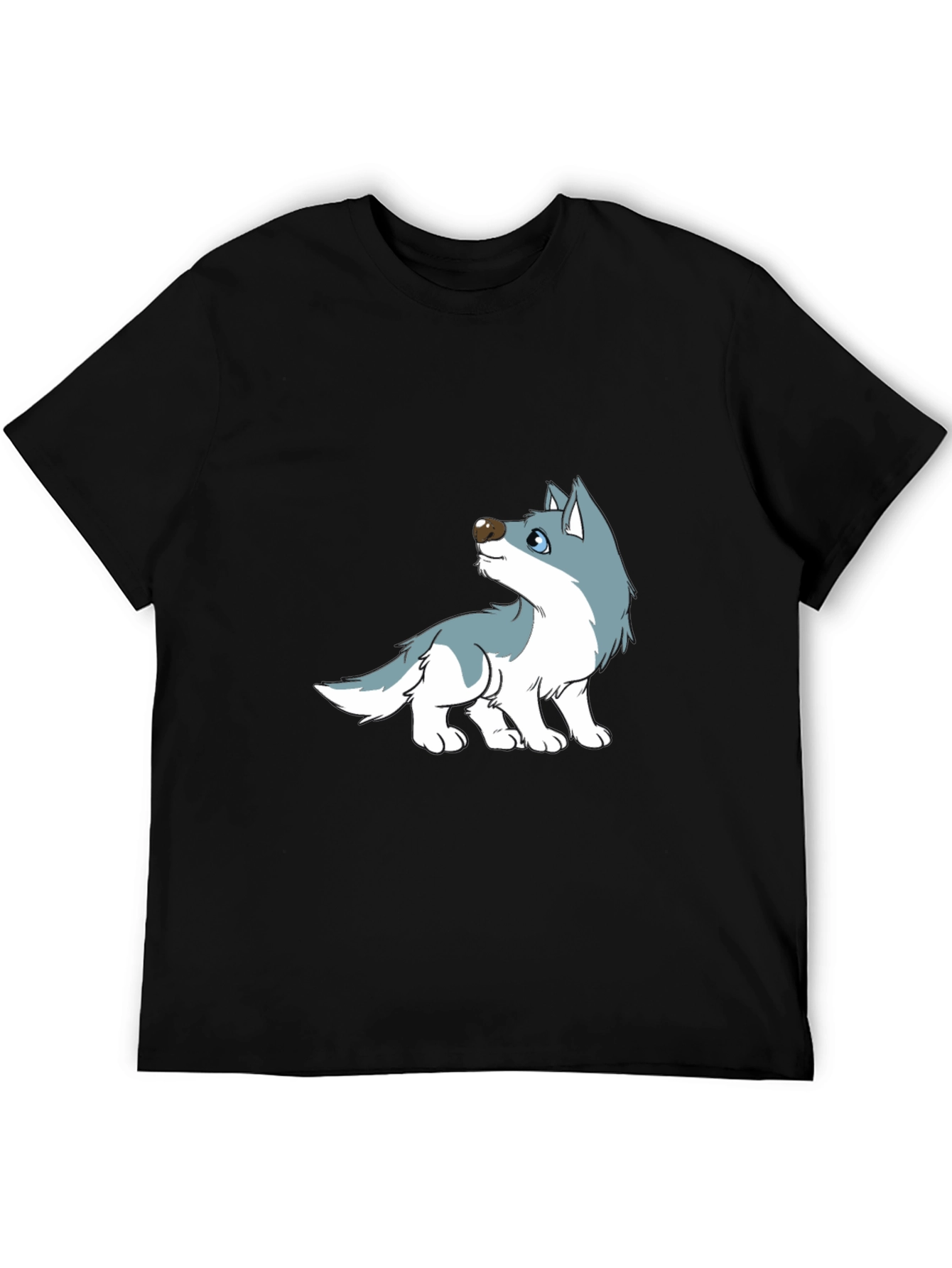 Cartoon Wolf Graphic Tee - Black Cotton Casual T-Shirt