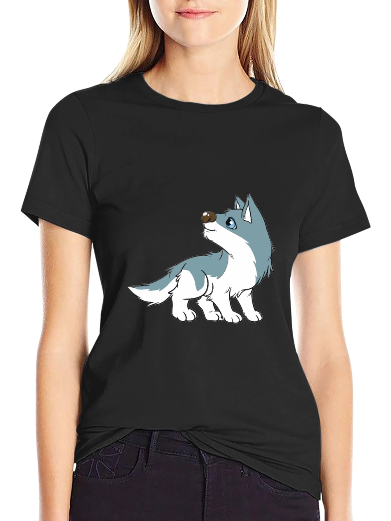 Cartoon Wolf Graphic Tee - Black Cotton Casual T-Shirt