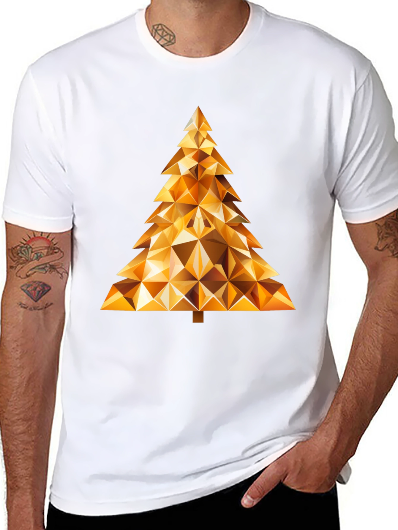Geometric Gold Christmas Tree Black T-Shirt