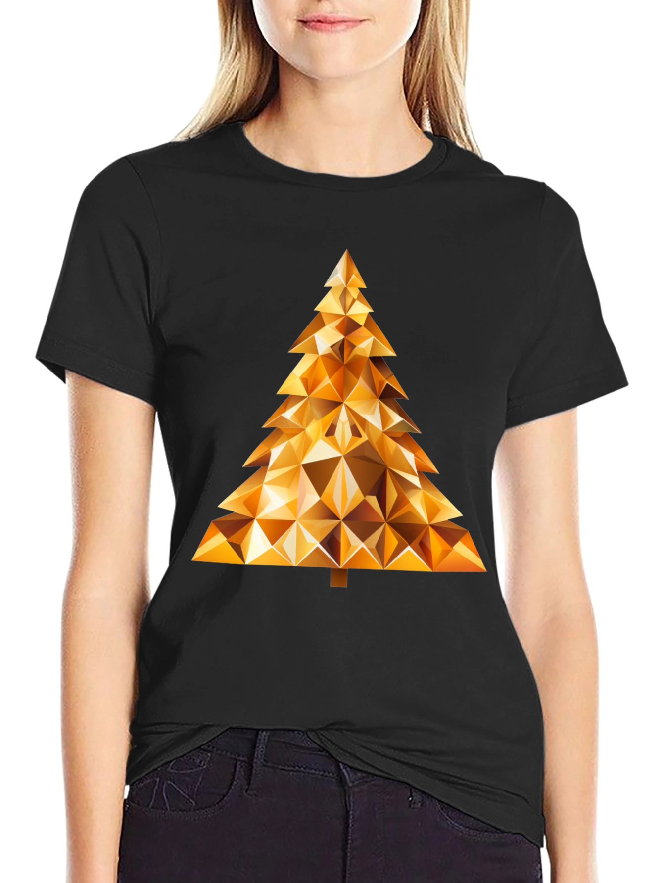 Geometric Gold Christmas Tree Black T-Shirt