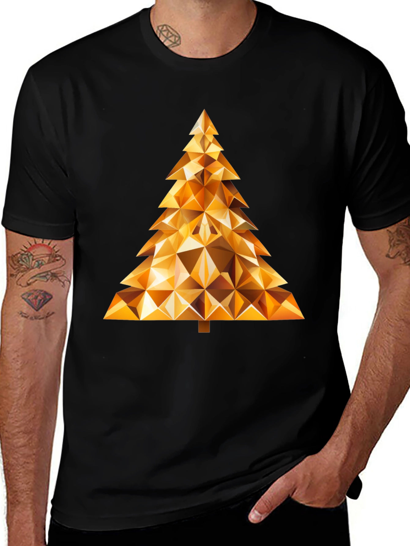 Geometric Gold Christmas Tree Black T-Shirt
