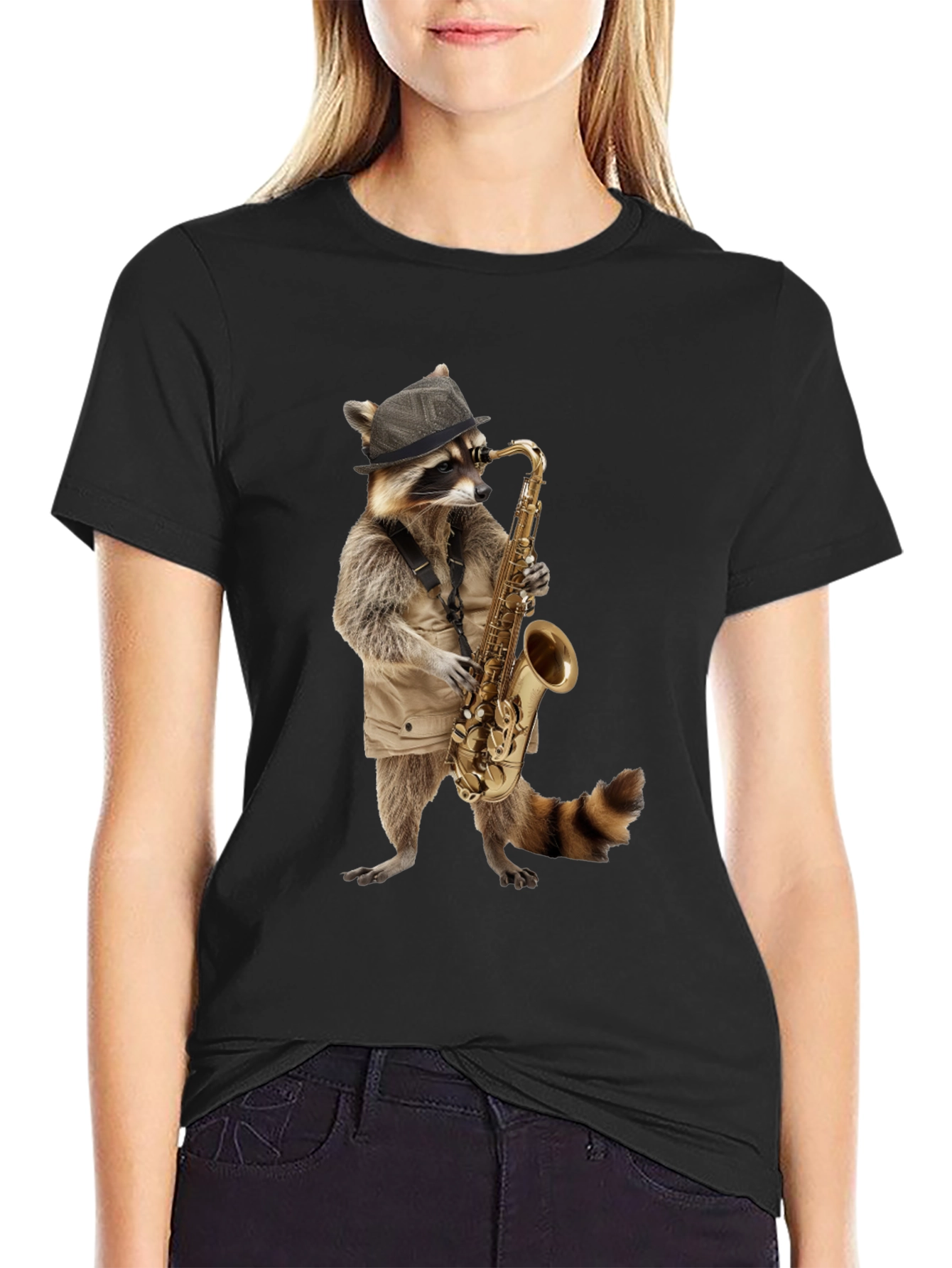 Cool Raccoon Saxophone Player Black T-Shirt