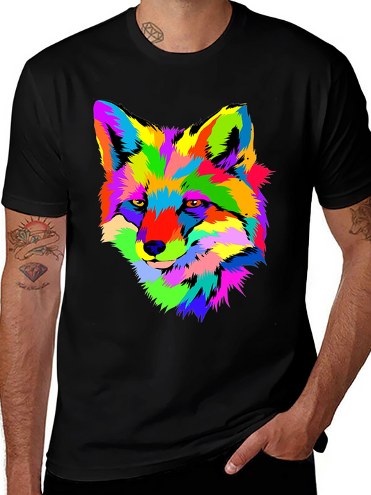 Colorful Fox Graphic Print Black T-Shirt