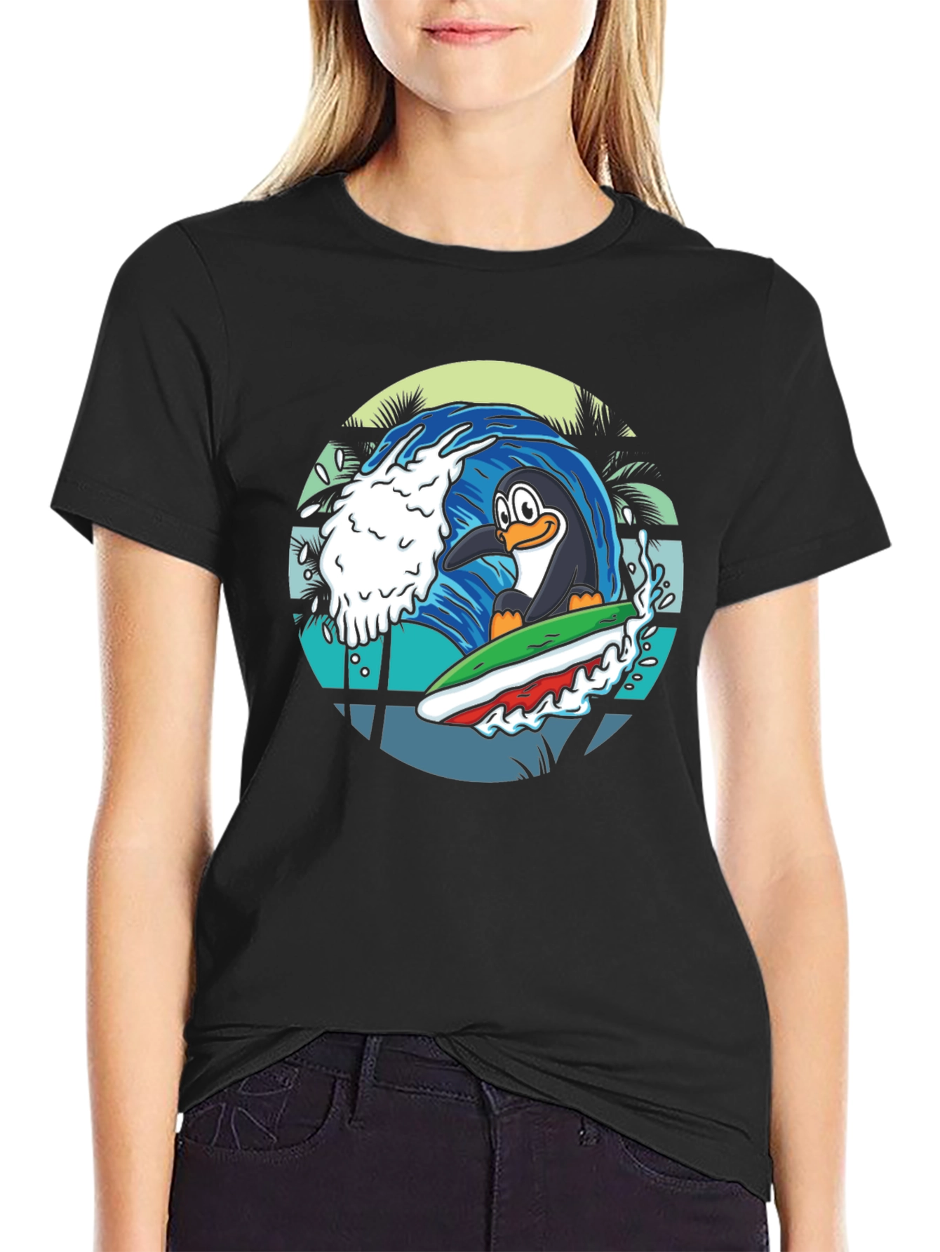 Surfing Penguin Graphic Tee - Black