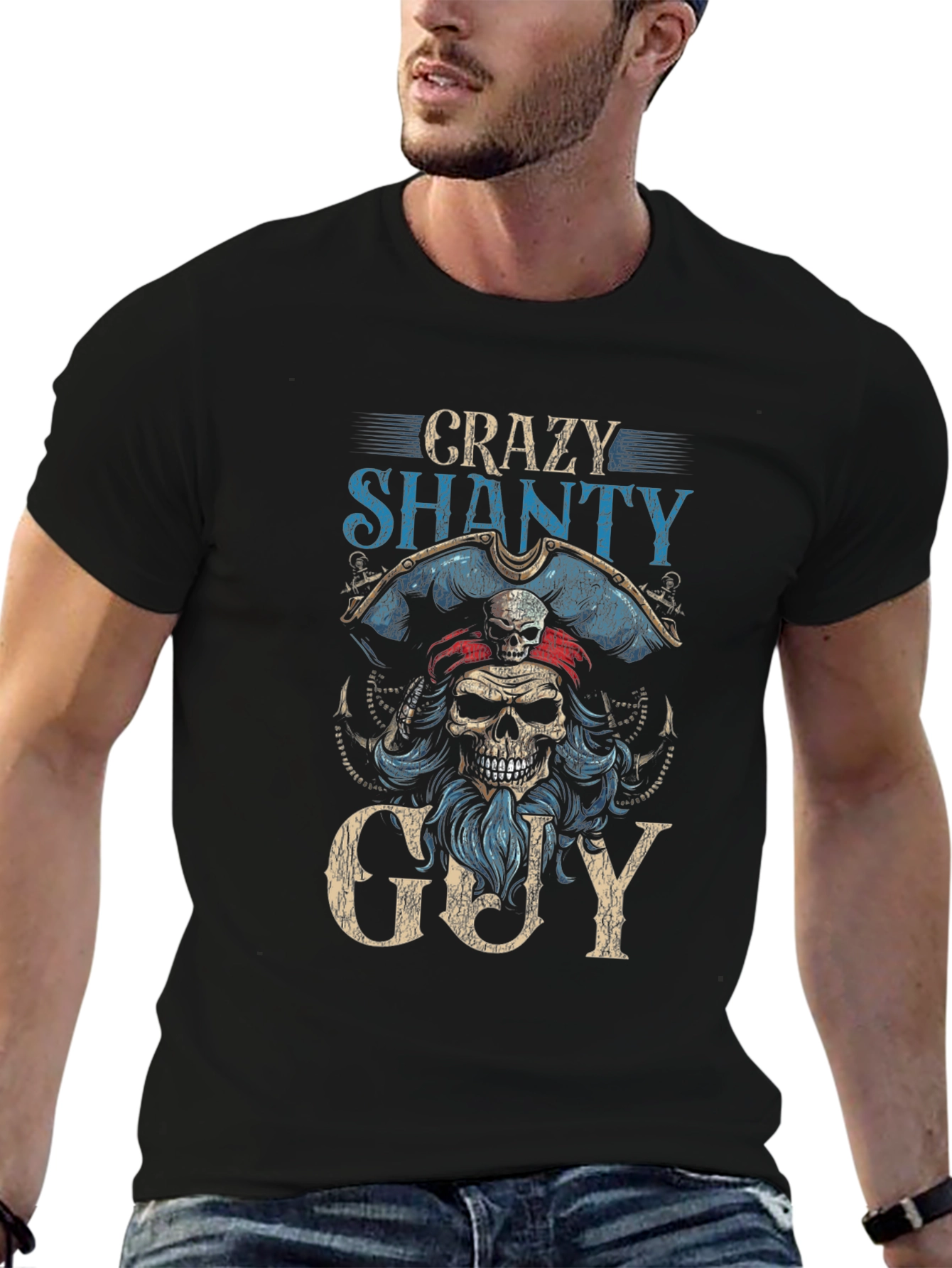 Crazy Shanty Guy Graphic T-Shirt - Pirate Skull Design