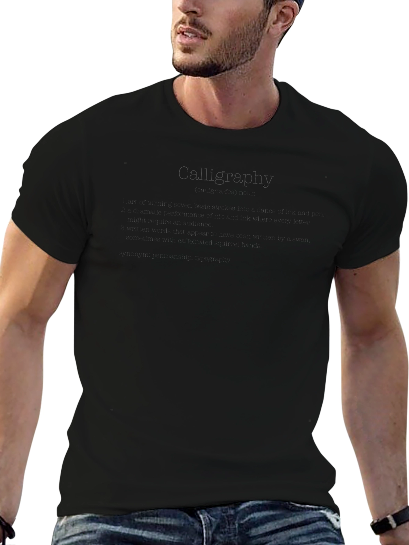 Mens Black Crew Neck Calligraphy T-Shirt