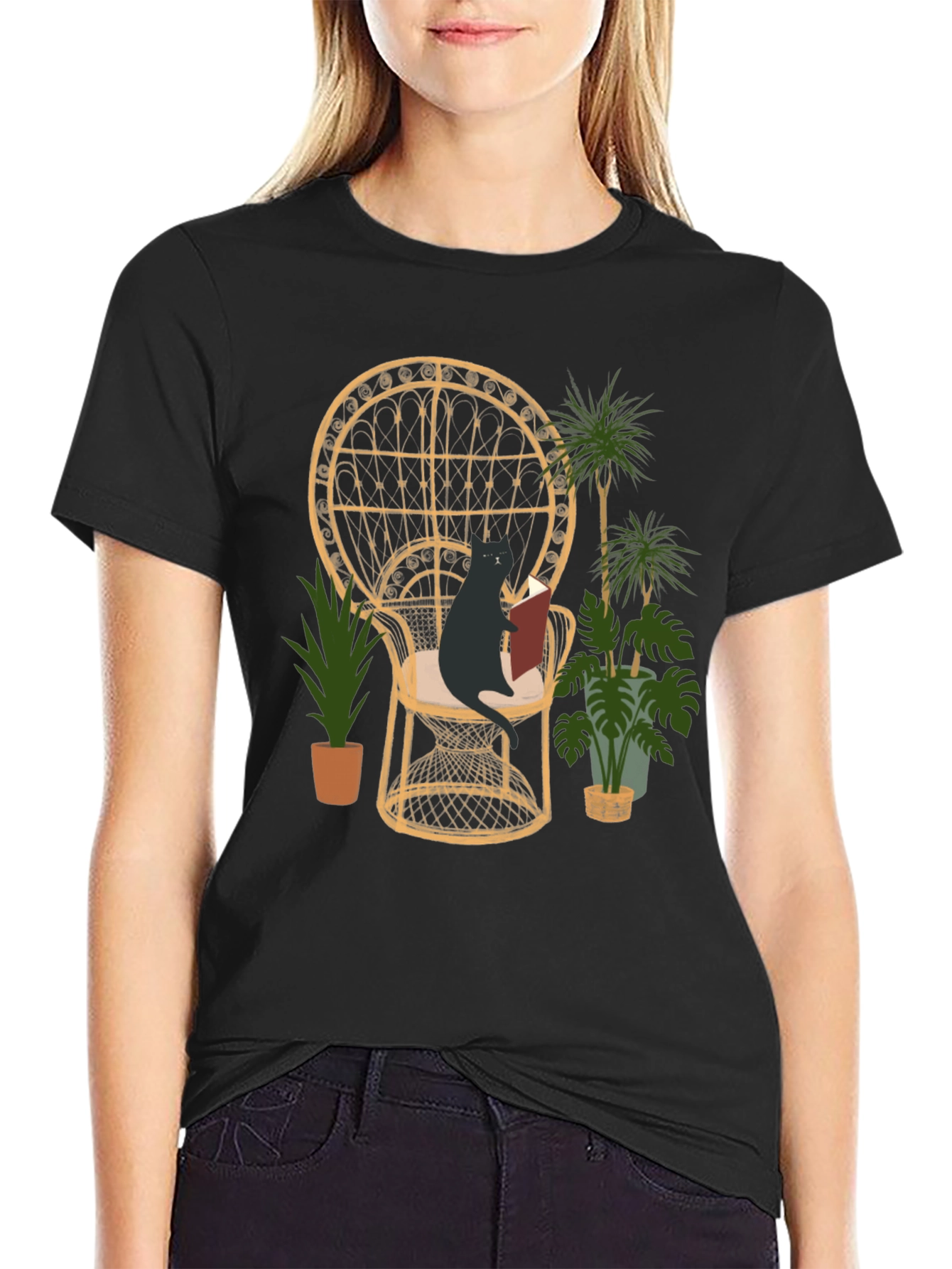 Reading Cat Graphic Tee - Whimsical Style