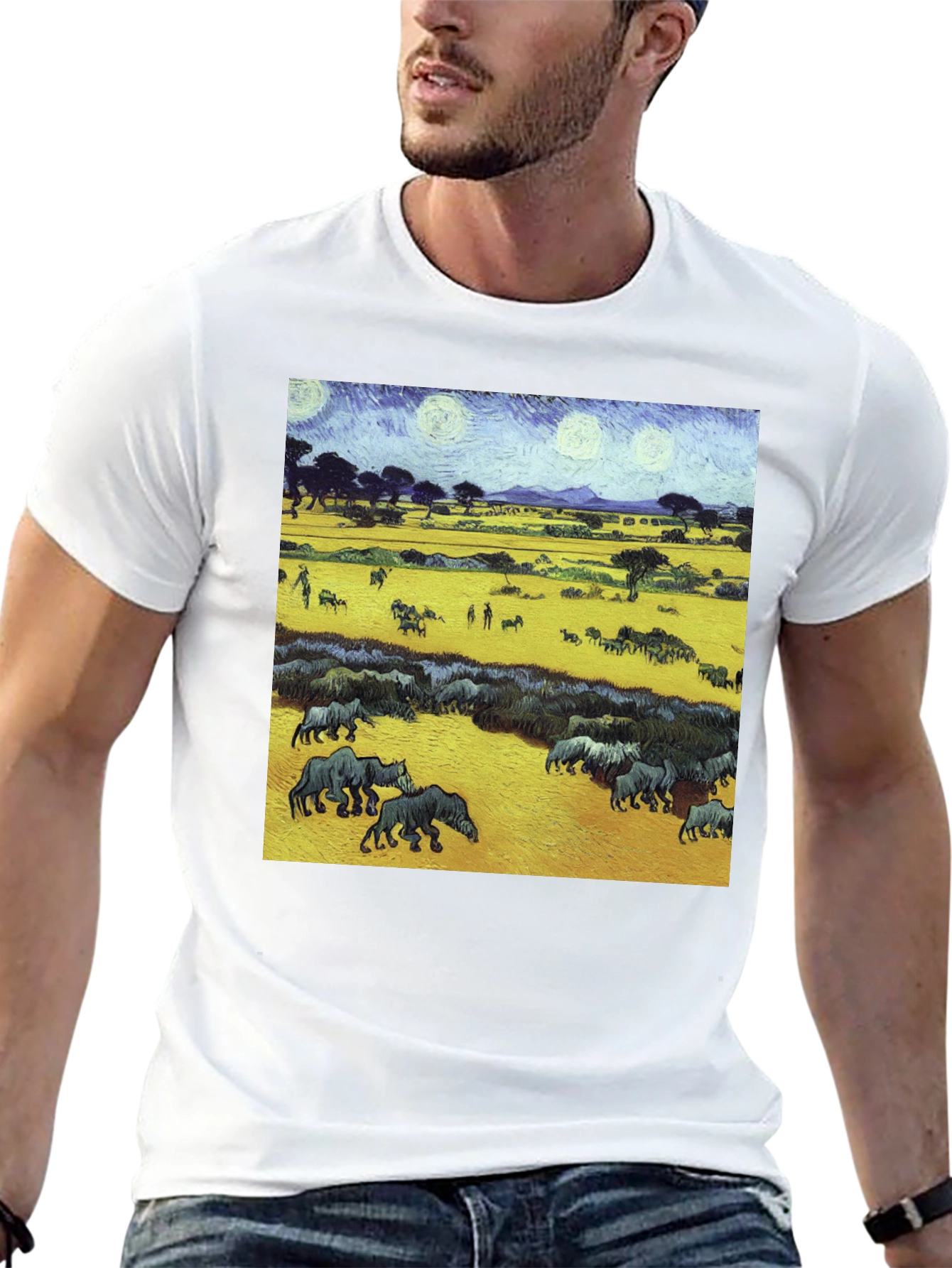 Artistic Wildlife Tee: Painterly Rhino Scene