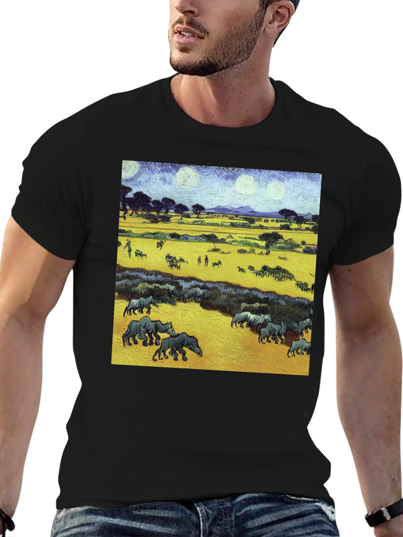 Artistic Wildlife Tee: Painterly Rhino Scene