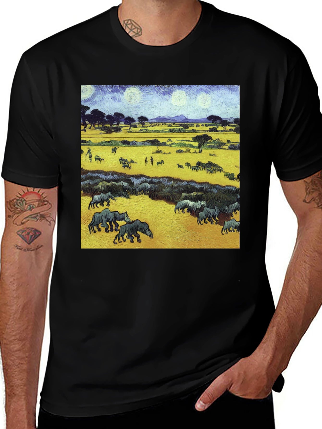 Artistic Wildlife Tee: Painterly Rhino Scene