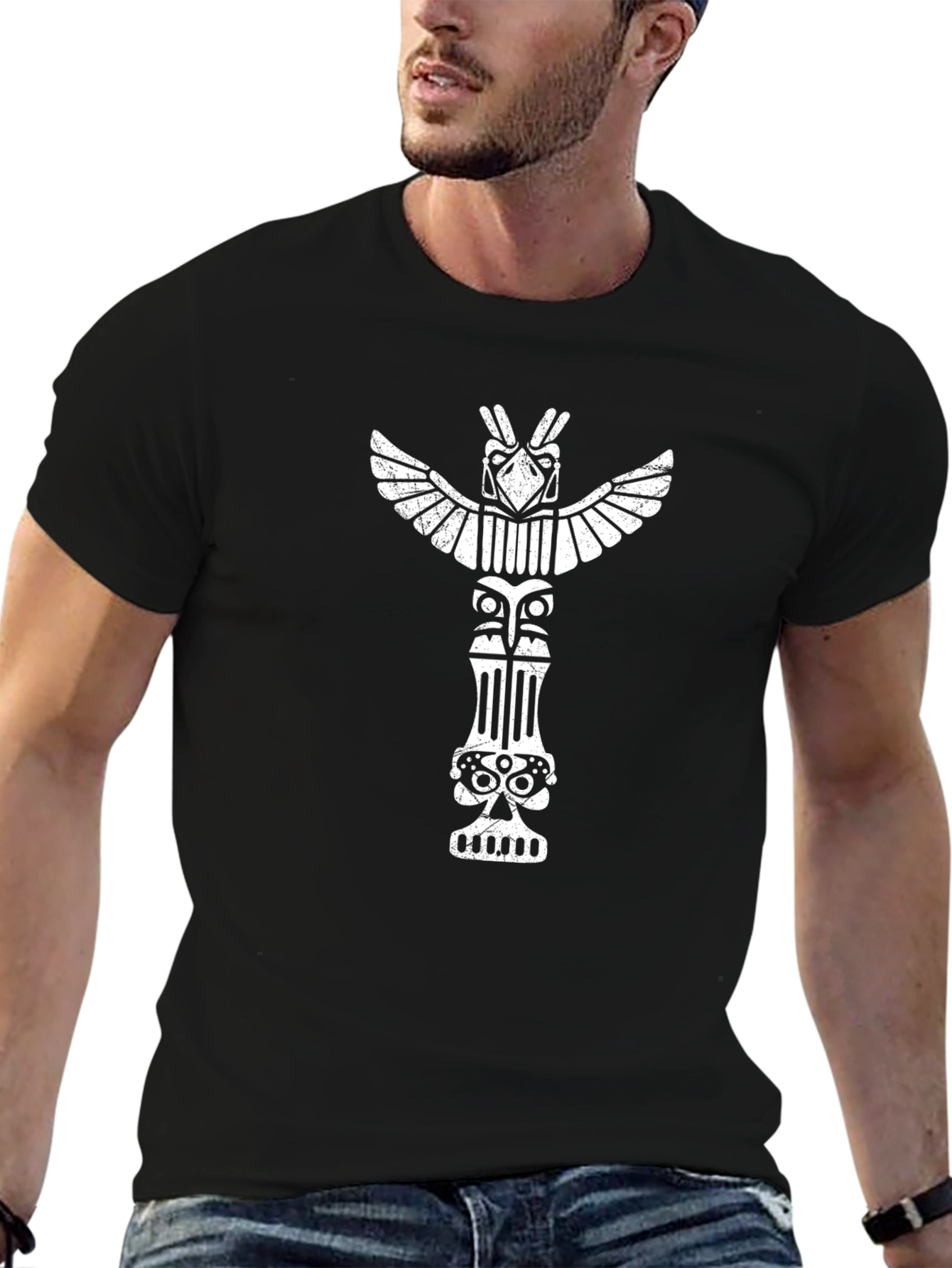 Tribal Totem Graphic Tee - Black Cotton T-Shirt