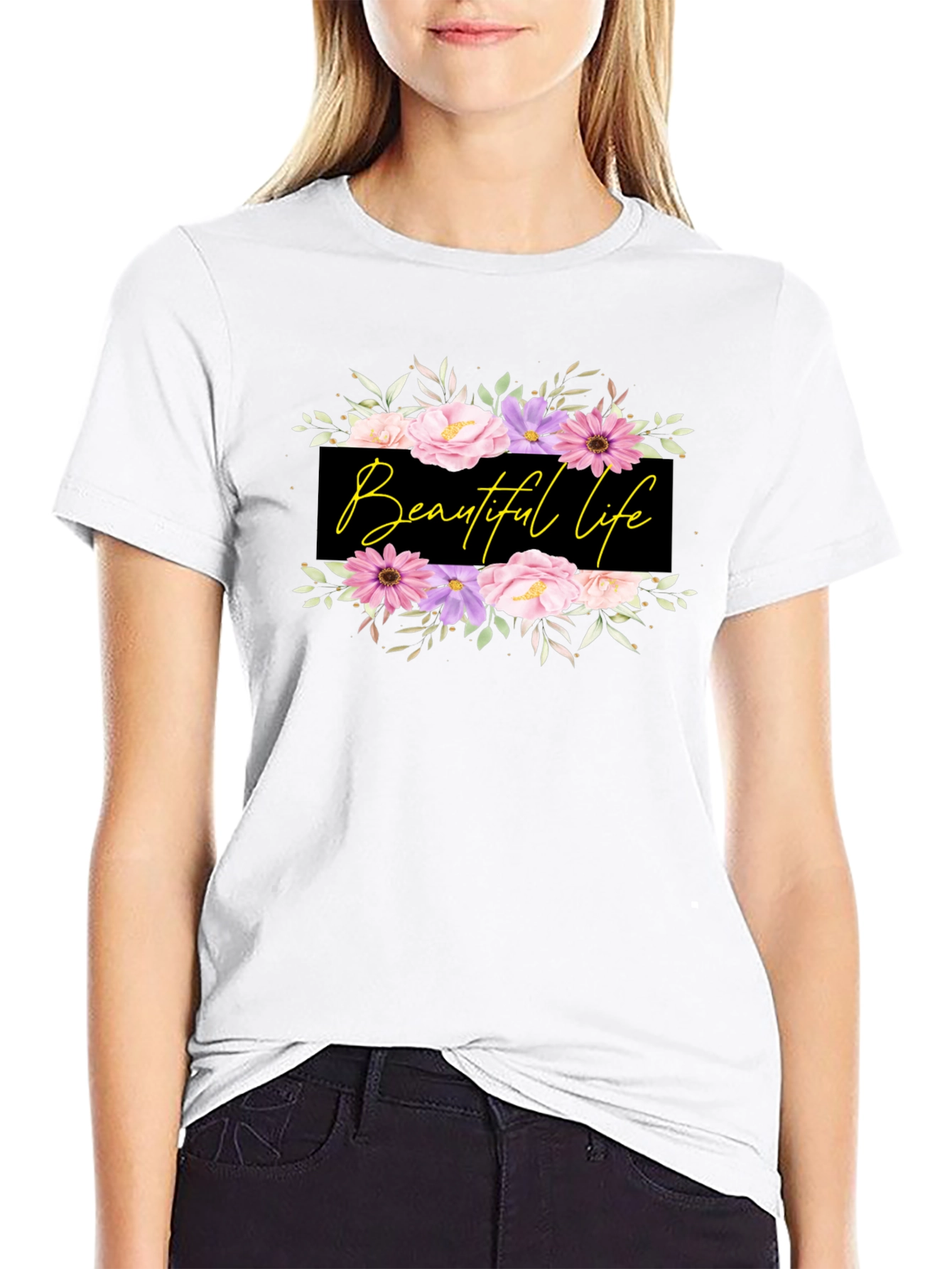 Beautiful Life Floral Graphic Black T-Shirt