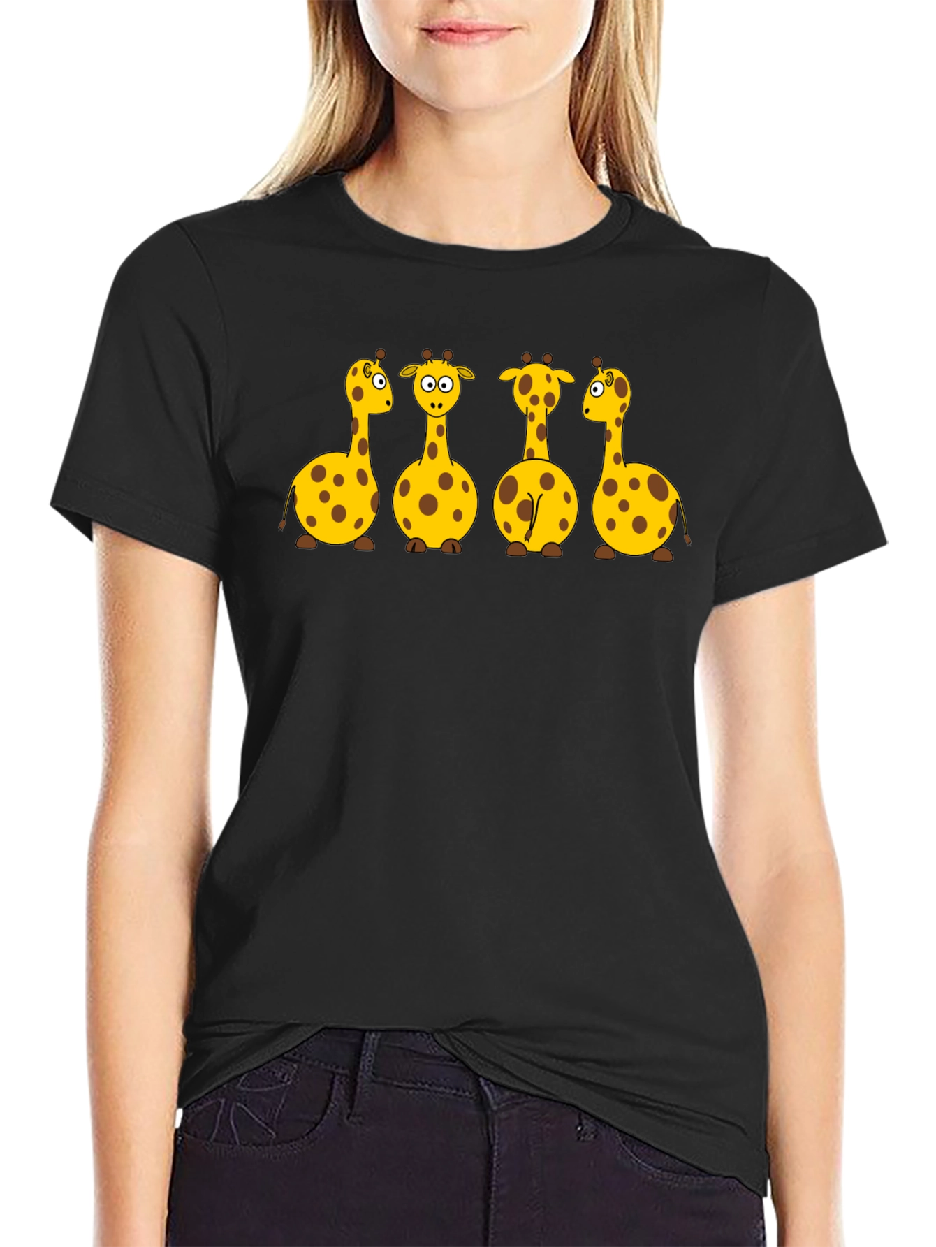 Giraffe Cartoon Graphic Print Black T-Shirt