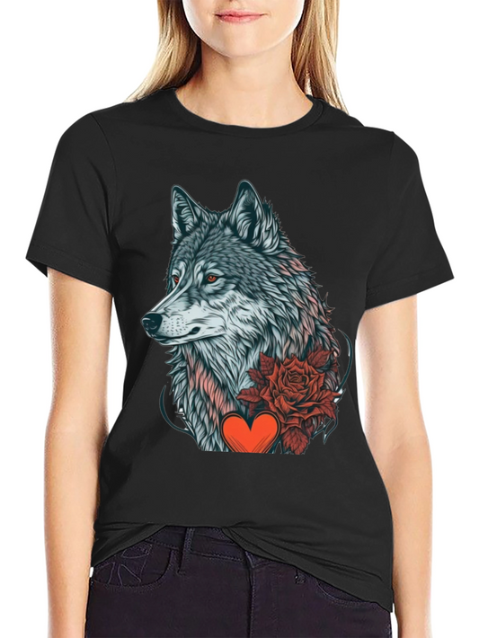 Wolf Heart Rose Graphic T-Shirt - Stylish Animal Lover Tee