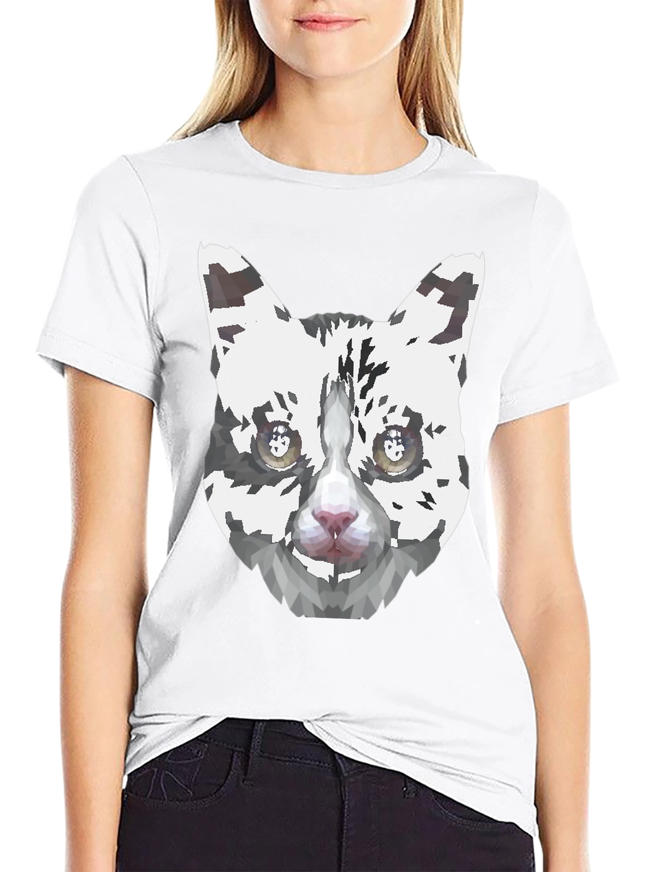 Geometric Cat Face Graphic Print Mens Black T-Shirt