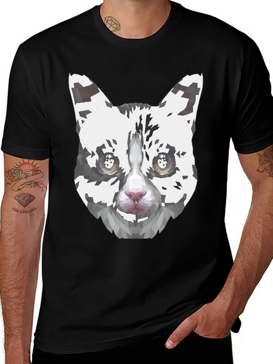Geometric Cat Face Graphic Print Mens Black T-Shirt