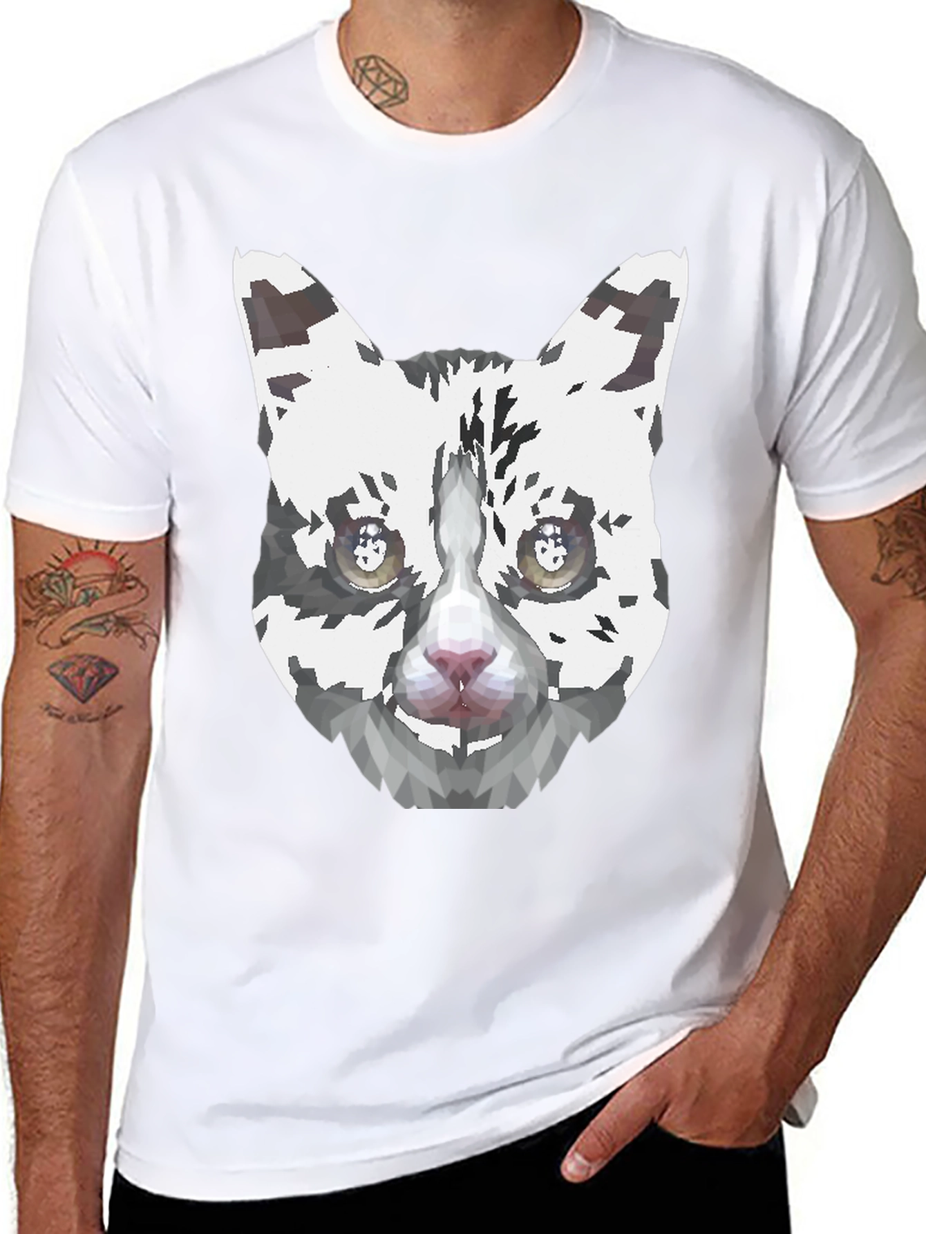 Geometric Cat Face Graphic Print Mens Black T-Shirt