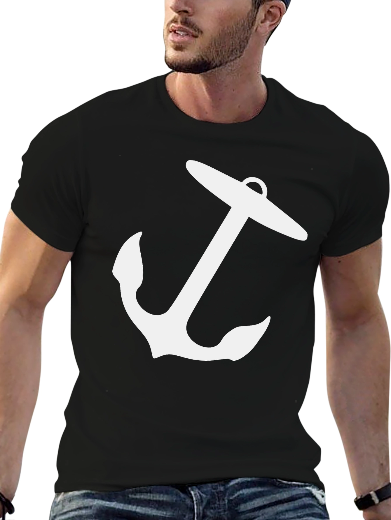 Nautical Anchor Graphic Tee - Black Cotton T-Shirt