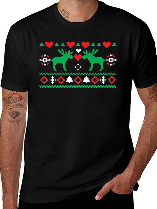 Festive Moose Knit Pattern Black T-Shirt