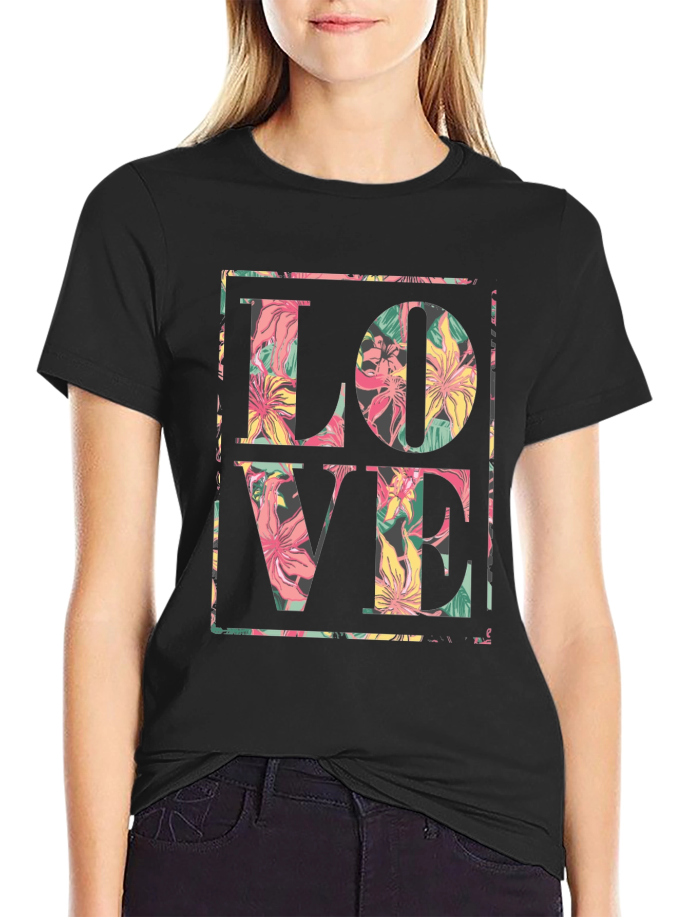 Floral LOVE Graphic Black T-Shirt